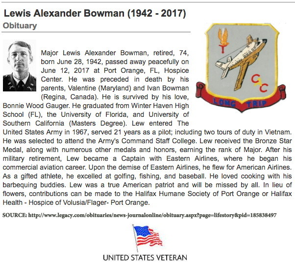 Obituary for Major Lewis Alexander Bowman, US Army, Retired
