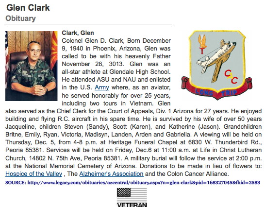 Obituary, Colonel Glen D. Glark, 2013
