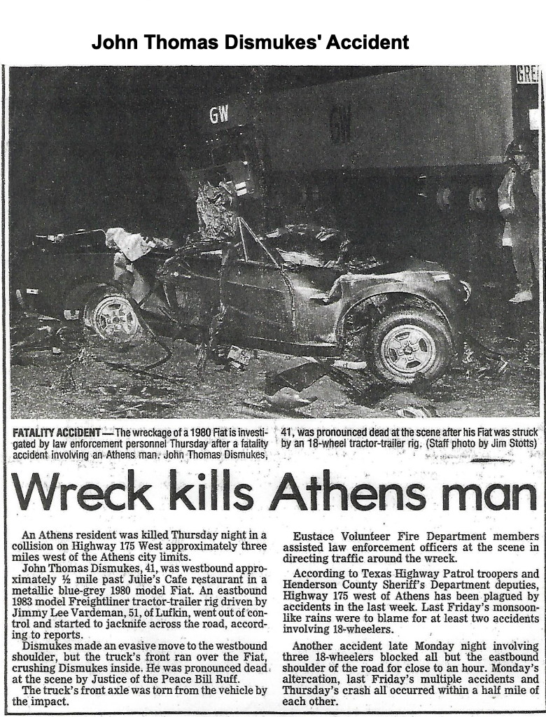 Auto accident article, Tom Dismukes, 1985