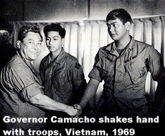 Governor Carlos Camacho greets servicemen from Guam during a reception in his honor in Vietnam during which time he delivered letters and packages from parents back home during the Vietnam War. Copyright, All rights reserved by Guampedia.com