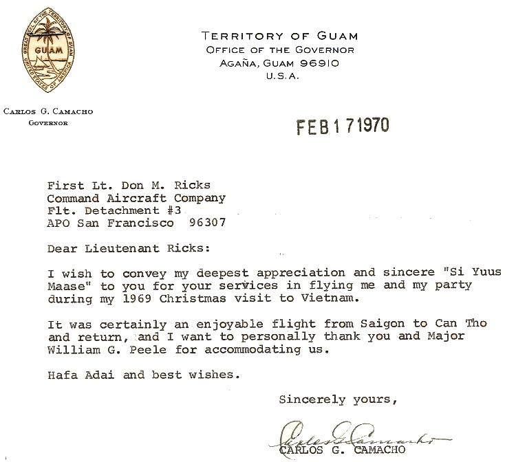Letter of Appreciation, Governor C. Camacho, Guam, 1970