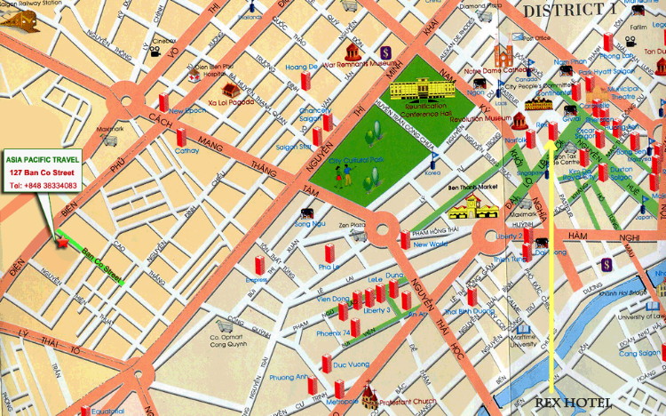 The Rex Hotel located on a map of Saigon